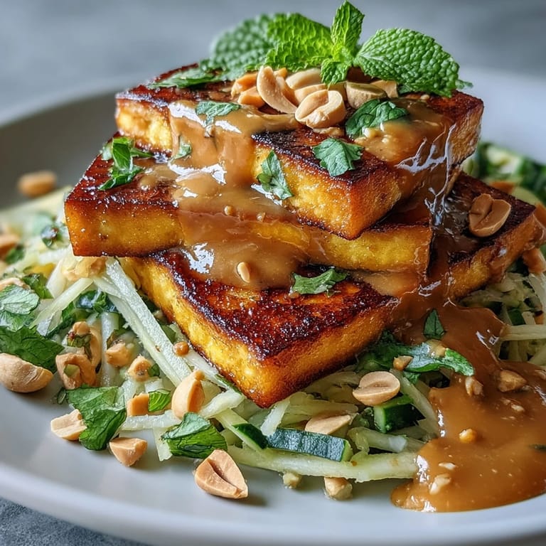 Exotischer Thai-Mangosalat mit knusprigem Tofu, gerösteten Erdnüssen und würziger Erdnuss-Limetten-Soße.