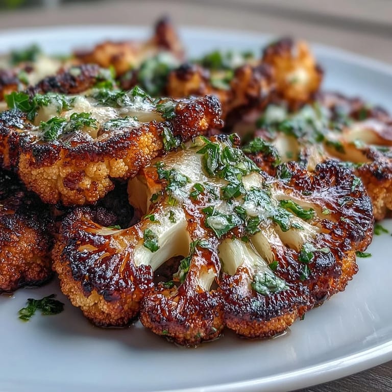 Zarte Blumenkohlsteaks mit rauchigem Paprika-Geschmack, garniert mit leuchtend grüner Chimichurri-Sauce.  