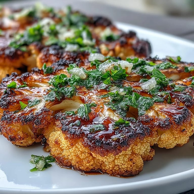 Grillgeröstete Blumenkohlsteaks mit saftiger Chimichurri-Sauce, ein aromatisches pflanzliches Highlight.