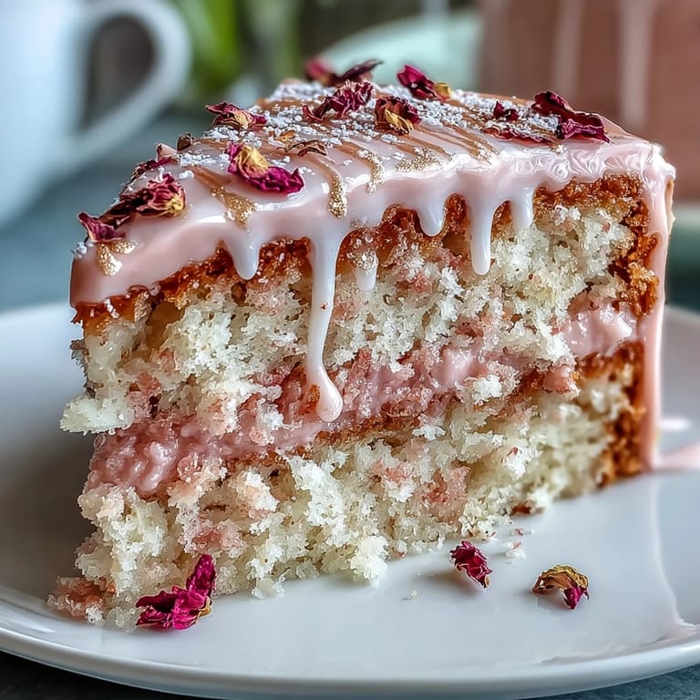 2. Zarter Rosé-Velvet-Kuchen mit glänzendem Gold-Drip und roségetränkter Buttercreme.  