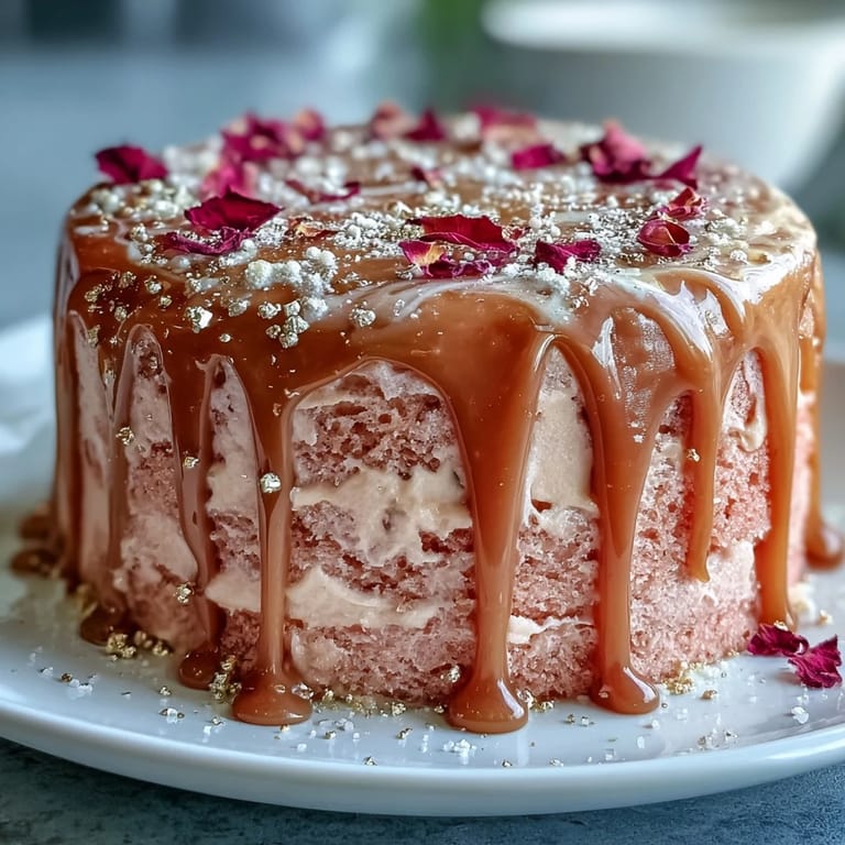 3. Rosé-infundierter rosa Samtkuchen mit funkelndem Gold-Drip und floralen Akzenten.