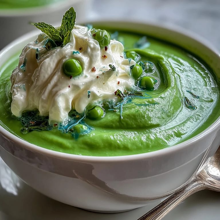 Ein leichter Frühlingsgenuss: Erbsensuppe mit cremigem Ricotta und aromatischem Minzöl.