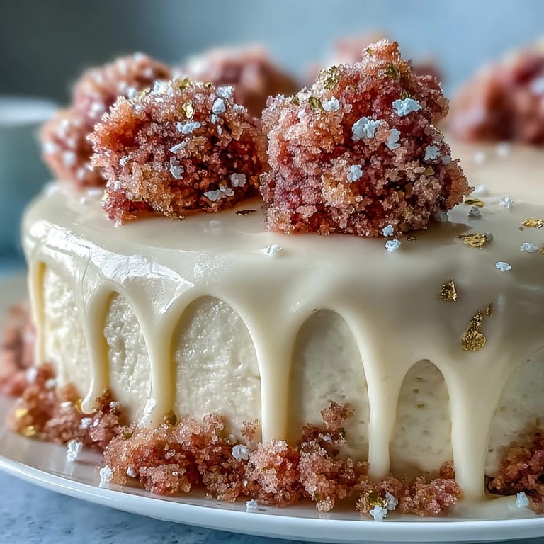 Elegante rosa Torte mit Roséwein-Aroma, goldener Schokoladenglasur und zarter Frischkäsecreme  