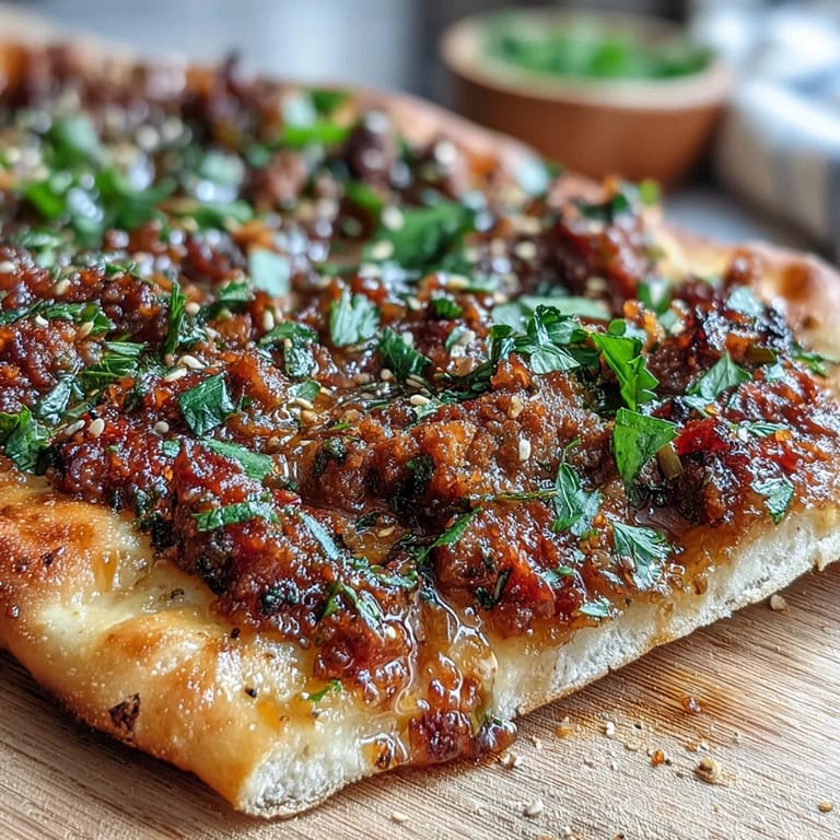 Ein rustikales Lahmacun Pizza Gericht, belegt mit würzigem Lamm und frischen Gewürzen.