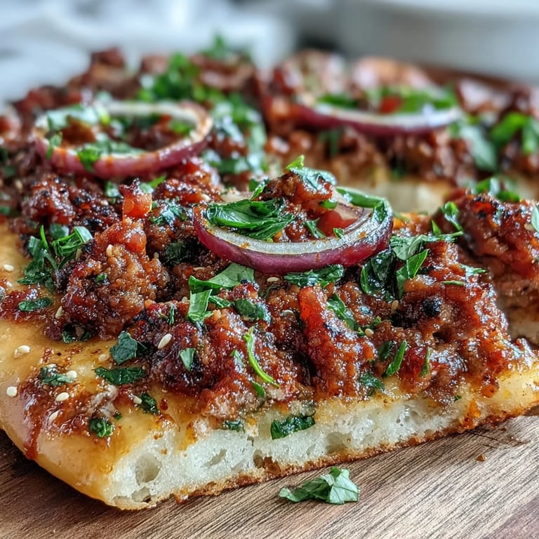 Das authentische türkische Lahmacun Pizza im Detail, serviert mit Kräutern.