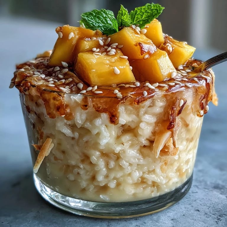 Individuelle Kokos-Mango-Klebreisbecher, eine köstliche Anrichtung mit frischen Fruchtstücken.
