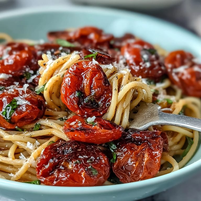 Saftige Kirschtomaten-Confit-Pasta mit herzhaftem Knoblauchöl, frisch serviert mit Basilikum.