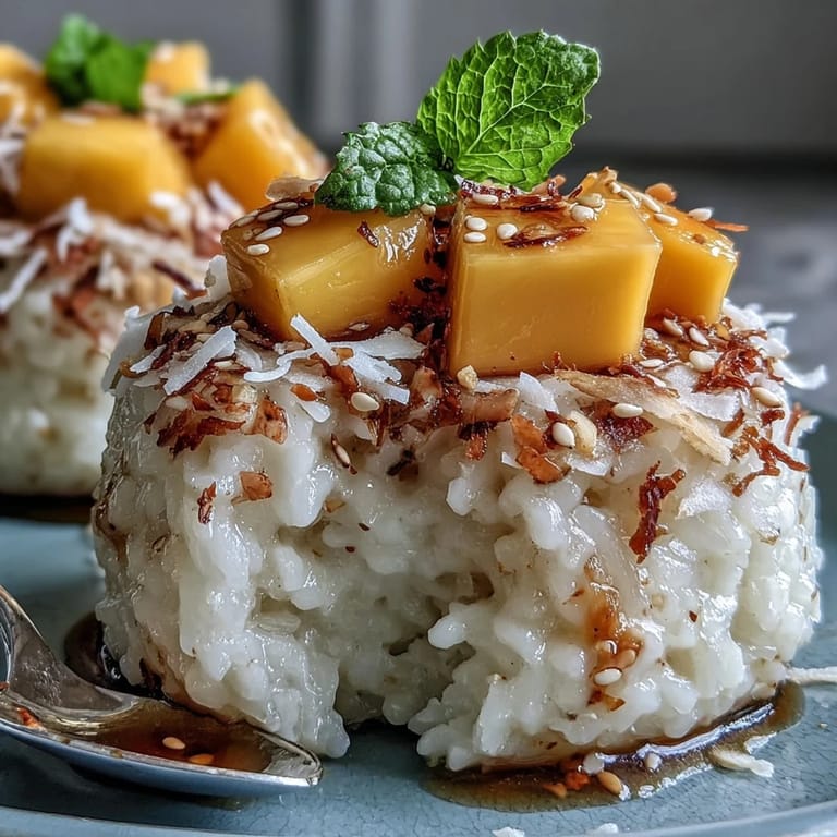 Hausgemachte Kokos-Mango-Klebreisbecher, präsentiert mit saftigen Mangos und cremiger Kokosnuss.