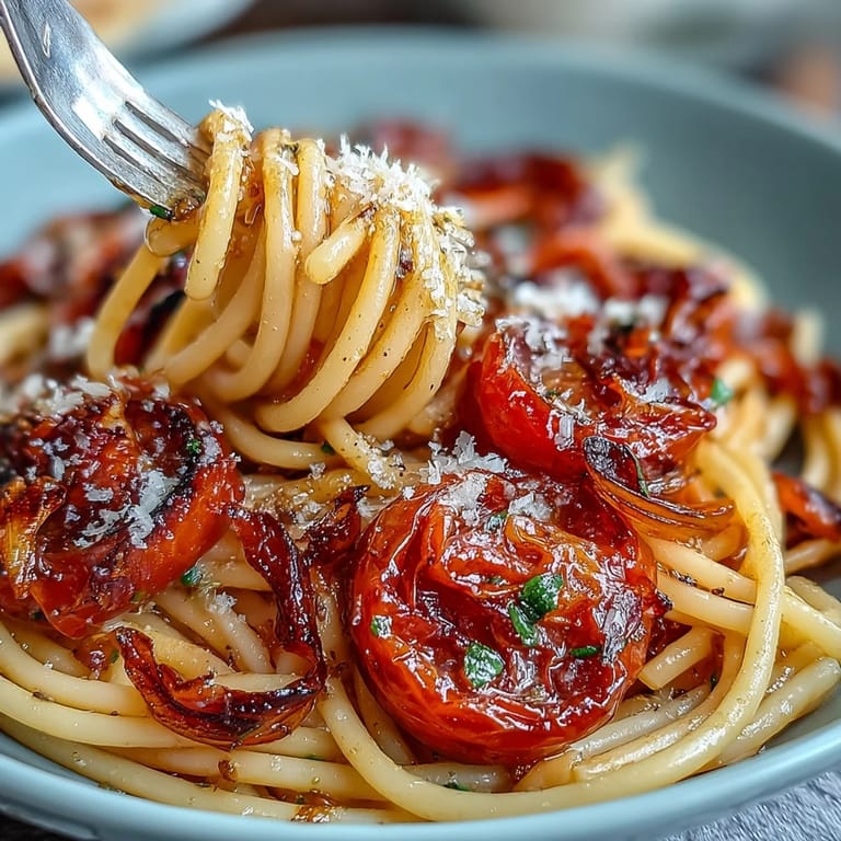Zarte kirschtomaten in knusprigem Knoblauchöl auf Pasta, eine italienische Köstlichkeit.