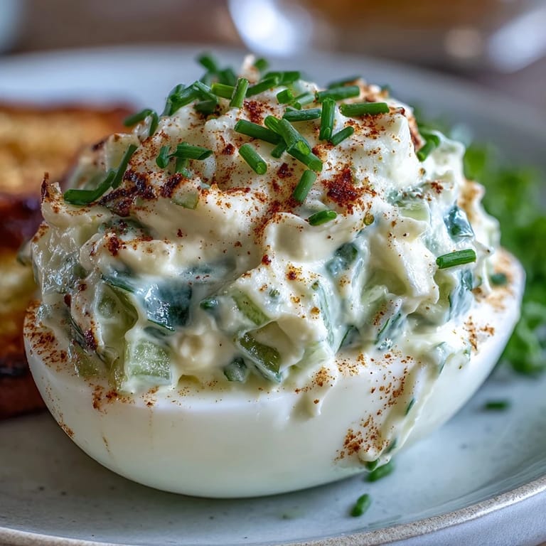 Festliche Sweet Pickle Relish Deviled Eggs, garniert mit frischen Kräutern.