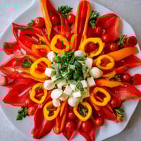 Festive Poinsettia Platter: A vibrant display of colorful vegetables and cheeses, ideal for a holiday appetizer.