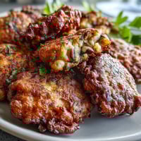 Goldene Black-Eyed Pea Fritters auf einem Teller mit frischer Petersilie und Dip.