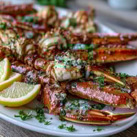 Delicious Keto Garlic Butter Crab Legs with Lemon Wedges on a serving platter