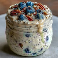 Schicht aus cremigen über Nacht eingeweichten Haferflocken mit Chiasamen und frischen Heidelbeeren in Gläsern.