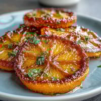 Glänzende kandierte Orangenscheiben als elegantes Cocktail-Garnitur für Valentinstagsgetränke.  