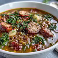 Herzhafte, würzige Wurst-Linsensuppe mit Grünkohl in einer aromatischen Tomatenbrühe, perfekt für kalte Tage.