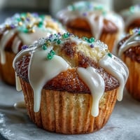 Mini King Cake Cupcakes mit farbigem Zucker: Zarte Cupcakes mit Zimtschnecken und festlichem Topping, perfekt für Mardi Gras-Feiern.  