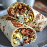 Herzhafte, proteinreiche Frühstücksburritos mit fluffigen Eiern, Putenfleisch, schwarzen Bohnen und schmelzendem Käse in einer weichen Tortilla.  