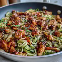 Ein bunter, kohlenhydratreduzierter Pfannengericht mit zartem Hühnchen und knackigen Zucchininudeln, serviert mit farbenfrohem Gemüse in einer herzhaften asiatisch inspirierten Sauce.