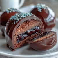 Dubai-Style Erdbeertrüffel mit dunkler Schokoladenschale, luxuriös und dekadent mit glänzender Hülle und feiner Gewürznote.