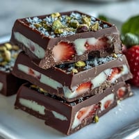 Dubai Schokoladen-Erdbeer-Bark mit rosa Rosenblättern und Pistazien