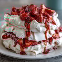 Erdbeer-Pavlova mit geschlagener Sahne: Knusprige Baiser-Basis mit cremiger Sahne und frischen Beeren belegt.