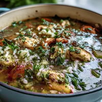 1. **Einfacher Hühner-Reis-Eintopf mit zartem Hühnchen, Reis und frischem Gemüse in einem Topf**  