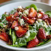Frischer Erdbeer-Spinat-Salat mit Mohnsamen-Dressing, bunt und knackig mit süßen Beeren und cremigem Dressing.