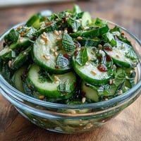 Knackiger asiatischer Gurkensalat mit Sesam und Reisessig, garniert mit grünen Zwiebeln und Sesamkörnern.  