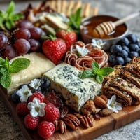 Farbenfrohe Frühlings-Charcuterie-Platte mit essbaren Blumen und Früchten, perfekt für festliche Anlässe.