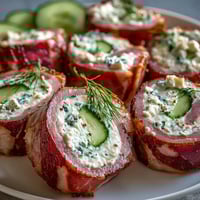 Schmackhafte Schinken-Käse-Gurken-Röllchen, perfekt als Party-Snack.