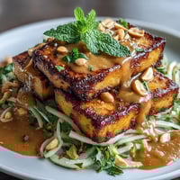 Lebendiger Thai-Mangosalat mit knusprigem Tofu und cremiger Erdnusssoße, voller frischer Farben und Aromen.  