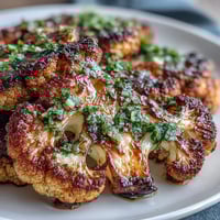 Rauchige gegrillte Blumenkohlsteaks mit frischer Kräuter-Chimichurri-Sauce, perfekt für vegane Hauptgerichte.  