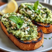 1. Frische Fava-Bohnen und Minze auf gegrilltem Sauerteigbrot – ein lebendiges Frühlingsgericht mit cremiger Bohnenpaste und aromatischem Minzgeschmack.  