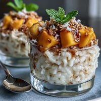 Süße Kokos-Mango-Klebreisbecher, ein fruchtig-tropisches Dessert mit Kokosglasiertem Reis.