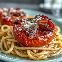 Hausgemachte Kirschtomaten-Confit-Pasta mit aromatischem Knoblauchöl und Basilikum.