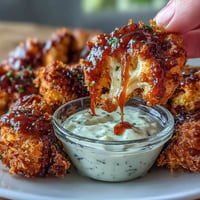 Knusprige vegane BBQ-Blumenkohlflügel mit cremiger Ranch zum Dippen.
